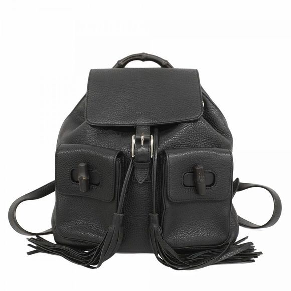 Gucci Bamboo Backpack/Daypack 370833 Black Leather with Silver Hardware Pre-owne - Picture 1 of 16